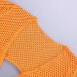 Summer Orange Hollow Out O-Ring Crochet Deep-V Mini Sundress with Full Sleeves