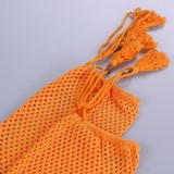 Summer Orange Hollow Out O-Ring Crochet Deep-V Mini Sundress with Full Sleeves