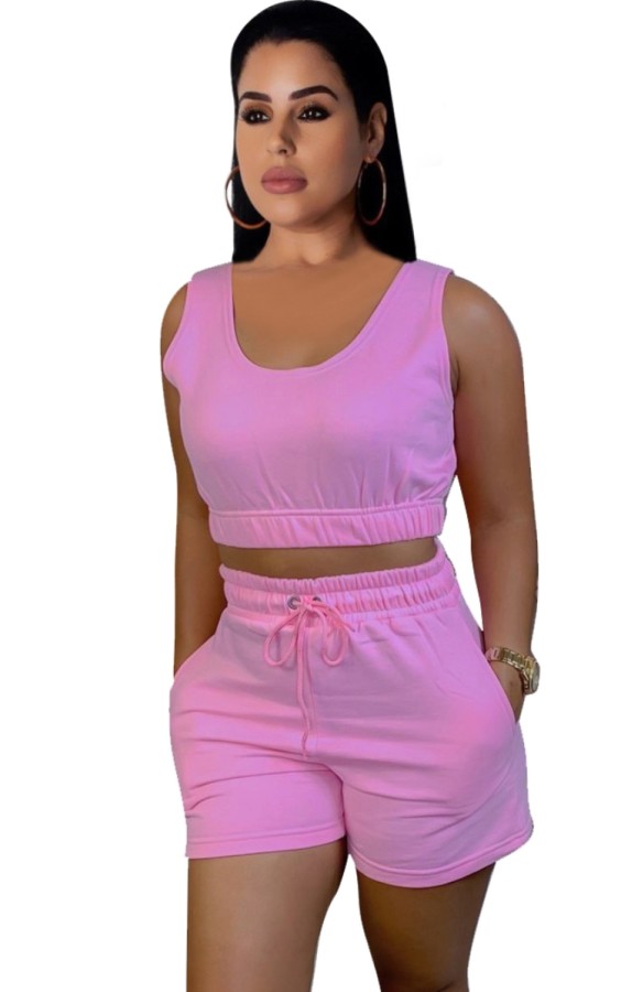 Summer Casual Pink Short Vest and Sweat Shorts 2pc Set