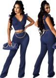 Summer Sexy Blue Denim Crop Top and Jeans Trousers 2pc Set