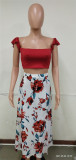 Summer Print Red Ruched Crop Top and Slit Long Skirt 2PC Matching Sundress Set
