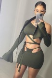 Summer Green Hollow Out Sexy One Shoulder Crop Top and Mini Skirt Set