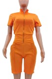 Summer Orange Sexy Tight Zipper Crop Top and Shorts 2pc Set