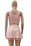 Summer Casual Pink Short Vest and High Waist Pleated Skirt 2pc Set