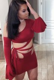 Summer Burgunry Hollow Out Sexy One Shoulder Crop Top and Mini Skirt Set