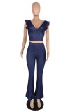 Summer Sexy Blue Denim Crop Top and Jeans Trousers 2pc Set
