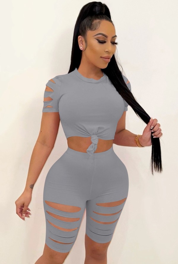 Summer Grey Sexy Ripped Bodycon Shirt and Shorts 2pc Set