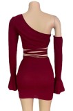 Summer Burgunry Hollow Out Sexy One Shoulder Crop Top and Mini Skirt Set