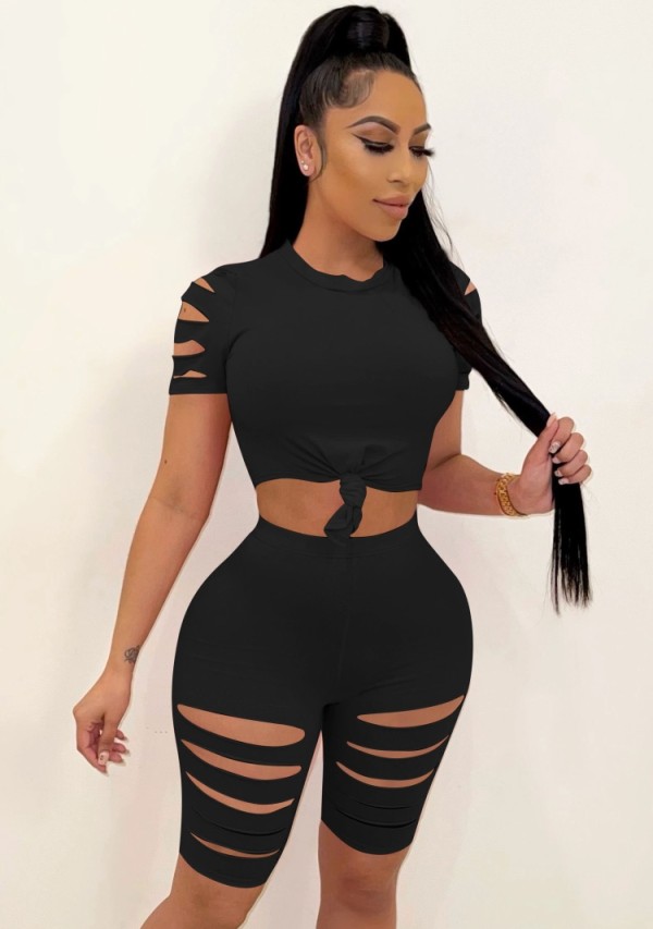 Summer Black Sexy Ripped Bodycon Shirt and Shorts 2pc Set