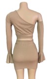 Summer Khaki Hollow Out Sexy One Shoulder Crop Top and Mini Skirt Set