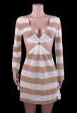 Summer Stripes Hollow Out O-Ring Crochet Deep-V Mini Sundress with Full Sleeves