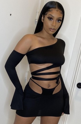 Summer Black Hollow Out Sexy One Shoulder Crop Top and Mini Skirt Set