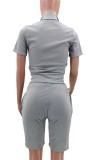 Summer Grey Sexy Tight Zipper Crop Top and Shorts 2pc Set