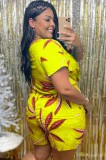 Plus Size Summer Print Yellow V-Neck Knotted Casual Rompers
