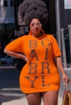 Sommer Plus Size Orange Print O-Neck Shirt Kleid
