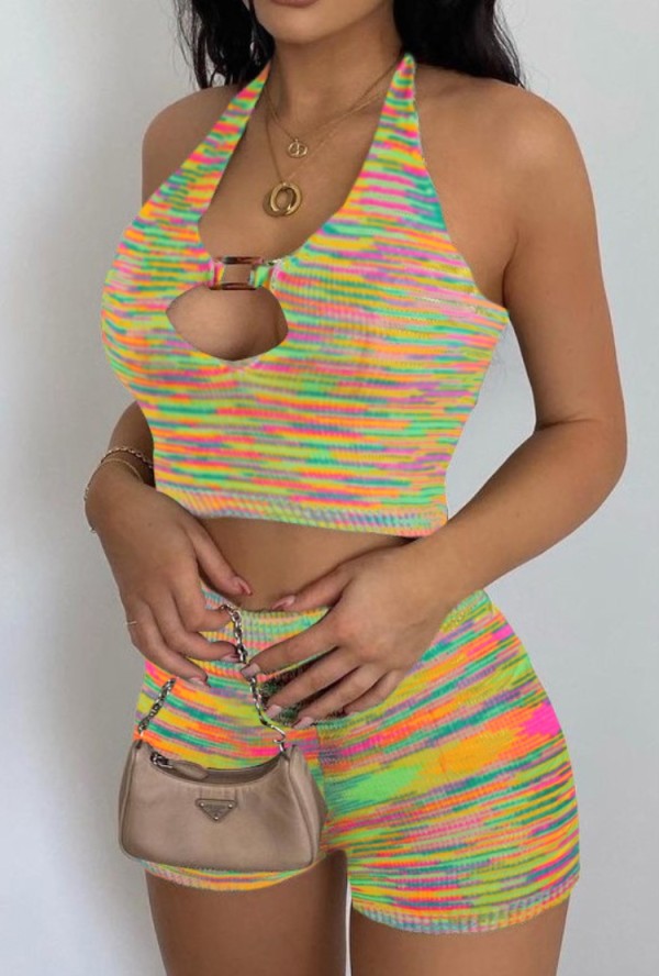 Summer Casual Knit Stripes Halter Crop Top and Shorts Set