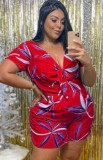 Plus Size Summer Print Red V-Neck Knotted Casual Rompers