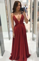 Sommer formelles rotes Abendkleid mit tiefem V-Riemen