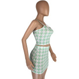 Summer Print Green Strap Crop Top and Mini Skirt Matching 2PC Set
