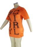 Summer Plus Size Orange Print O-Neck Shirt Dress