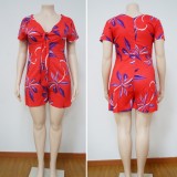 Plus Size Summer Print Red V-Neck Knotted Casual Rompers