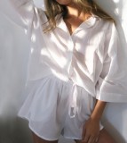 Summer Casual White Cotton Blouse and Shorts Lounge Set