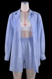 Summer Casual Blue Stripes Cotton Blouse and Shorts Lounge Set
