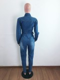 Spring Button Up Long Sleeve Blue Denim Jumpsuit with Belt
