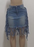 Summer Blue High Waist Fringe Denim Skirt