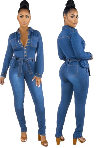 Spring Button Up blauwe denim jumpsuit met lange mouwen en riem