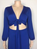 Summer Plus Size Blue Long Sleeve Knot Crop Top and Long Skirt Set