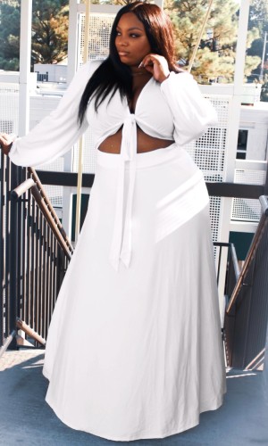 Summer Plus Size White Long Sleeve Knot Crop Top and Long Skirt Set