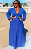 Summer Plus Size Blue Long Sleeve Knot Crop Top and Long Skirt Set