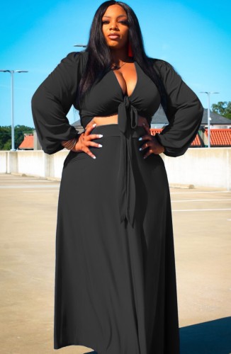 Summer Plus Size Black Long Sleeve Knot Crop Top and Long Skirt Set