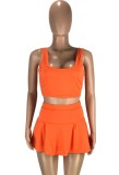 Summer Sports Orange Tank Crop Top and Pleated Skirt 2PC Matching Set
