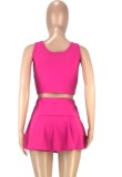 Summer Sports Rose Tank Crop Top and Pleated Skirt 2PC Matching Set