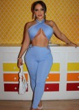 Summer Blue Sexy Wrap Crop Top and Cut Out Pants Set