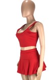 Summer Sports Red Tank Crop Top and Pleated Skirt 2PC Matching Set