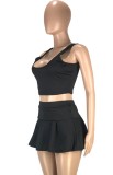 Summer Sports Black Tank Crop Top and Pleated Skirt 2PC Matching Set