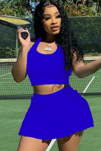 Summer Sports Blue Tank Crop Top and Pleated Skirt 2PC Matching Set