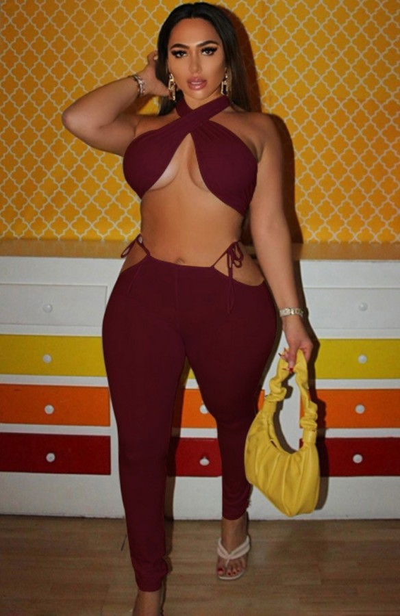 Summer Red Sexy Wrap Crop Top and Cut Out Pants Set