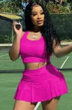 Summer Sports Rose Tank Crop Top and Pleated Skirt 2PC Matching Set