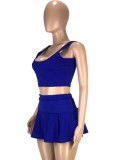 Summer Sports Blue Tank Crop Top and Pleated Skirt 2PC Matching Set