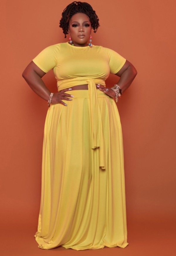 Summer Plus Size Yellow Knot Crop Top and Long Skirt Set