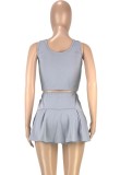 Summer Sports Grey Tank Crop Top and Pleated Skirt 2PC Matching Set