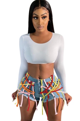 Zomer hoog uitgesneden sexy getailleerde denim shorts met kleurrijke strings