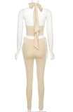 Summer Khaki Sexy Wrap Crop Top and Cut Out Pants Set