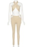 Summer Khaki Sexy Wrap Crop Top and Cut Out Pants Set