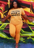 Summer Plus Size Casual Print Orange Shirt and Pants Set