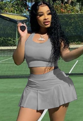 Summer Sports Grey Tank Crop Top and Pleated Skirt 2PC Matching Set
